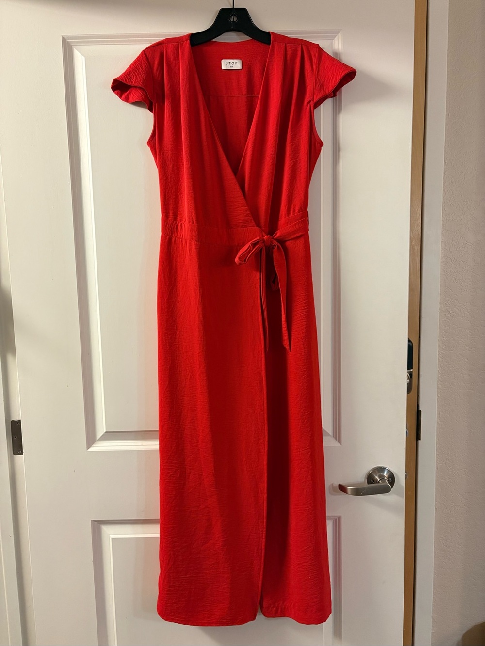 Stop Red Wrap Jumpsuit with Tie Waist